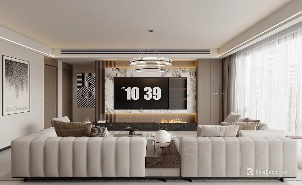 Modern Living Room Interior With Large Sofa TV Wall Chandelier And Curtains 3d model 