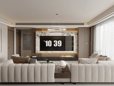 Modern Living Room Interior With Large Sofa TV Wall Chandelier And Curtains 3d model