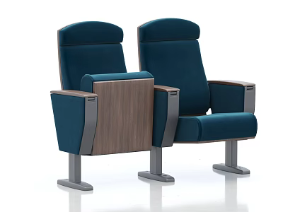 Two Blue Theater Seats With Wooden Armrests And Metal Legs 3d model