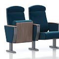 Two Blue Theater Seats With Wooden Armrests And Metal Legs