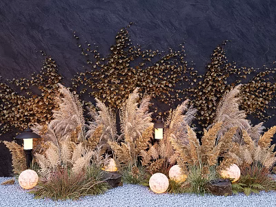 Dark Wall Decorated With Golden Leaves Dried Grasses Lanterns And Pumpkins For Autumn Decoration 3d model