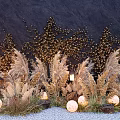 Dark Wall Decorated With Golden Leaves Dried Grasses Lanterns And Pumpkins For Autumn Decoration
