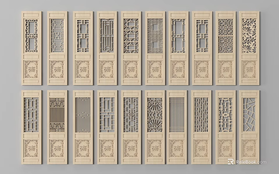 Wooden Double Doors With Intricate Carved Patterns And Traditional Chinese Style Design 3d model 