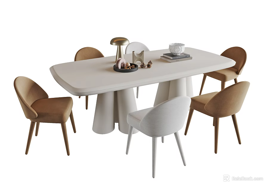 Modern Dining Table Set with Rectangular White Table Brown White Chairs and Decorative Items 3d model