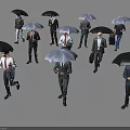 Group of Business Professionals Walking With Umbrellas and Carrying Briefcases