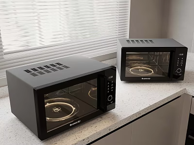 Two Modern Black Sharp Microwaves On Kitchen Countertop With Window Blinds 3d model