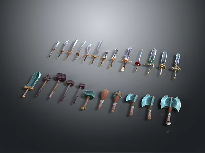 Various Types of Weapons Featuring Swords Axes Hammers Daggers and Clubs Displayed 3d model