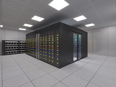 Data Center Interior With Server Racks Bright Ceiling Lighting And White Tiled Floor 3d model