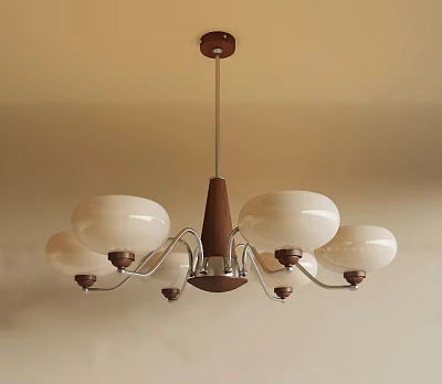 Contemporary Chandelier With Multiple White Lampshades Wooden Accents And Metal Frame 3d model