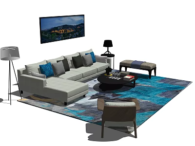 Modern Living Room Interior With Sofa Coffee Table Colorful Rug Decorative Pillows And Floor Lamp 3d model