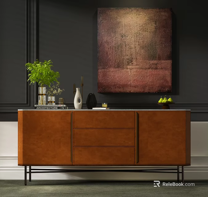 Modern Entryway Cabinet And Side Cabinet With Brown Decor Green Plant Vase And Wall Art 3d model 