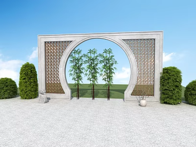 Stone Arched Feature Wall With Intricate Carved Patterns Trees In Front And Bushes Around 3d model
