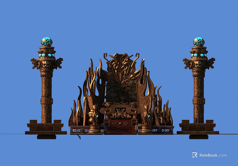 Ornate Carved Architectural Pillars With Blue Spherical Tops And Central Flame Decorated Throne Structure 3d model 