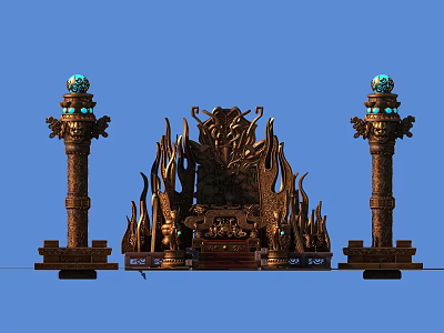 Ornate Carved Architectural Pillars With Blue Spherical Tops And Central Flame Decorated Throne Structure 3d model