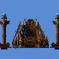 Ornate Carved Architectural Pillars With Blue Spherical Tops And Central Flame Decorated Throne Structure