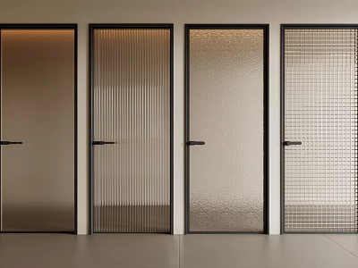 Modern Interior Hinged Doors with Textured Glass and Black Frames Design 3d model
