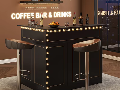 Stylish Coffee Bar With Neon Sign Fruit Platter Wine Bottles And Bar Stools 3d model