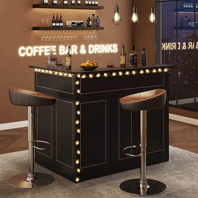 Stylish Coffee Bar With Neon Sign Fruit Platter Wine Bottles And Bar Stools 3d model