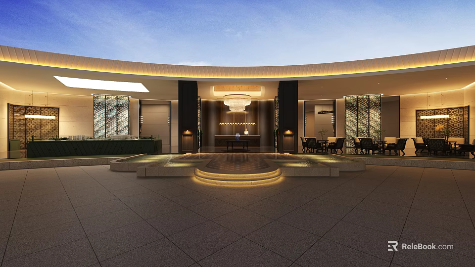 Modern Store Front Desk With Circular Ceiling Lighting Glass Walls And Comfortable Seating Area 3d model 