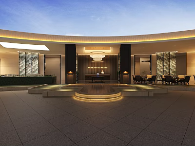 Modern Store Front Desk With Circular Ceiling Lighting Glass Walls And Comfortable Seating Area 3d model