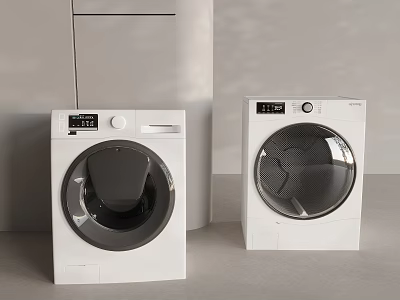 Two Modern White Front Loading Washing Machines With Digital Display And Control Panel 3d model