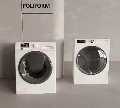 Two Modern White Front Loading Washing Machines With Digital Display And Control Panel 3d model