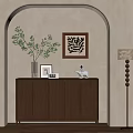 Warm Interior Scene With Arched Beige Wall Brown Cabinet Green Plant And Floor Lamp