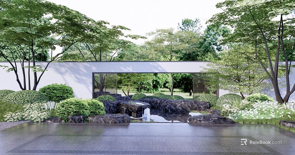 White Landscape Wall With Glass Window Rock Formations And Waterfall By Water Pool 3d model 