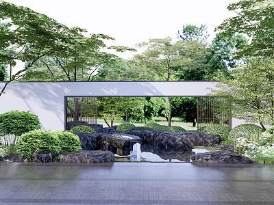 White Landscape Wall With Glass Window Rock Formations And Waterfall By Water Pool 3d model