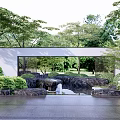 White Landscape Wall With Glass Window Rock Formations And Waterfall By Water Pool