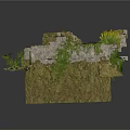 Overgrown Stone Wall Ruins With Moss And Green Plants On Broken Sections