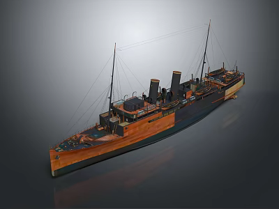 Vintage Warship 3D Rendering With Masts And Chimneys 3d model