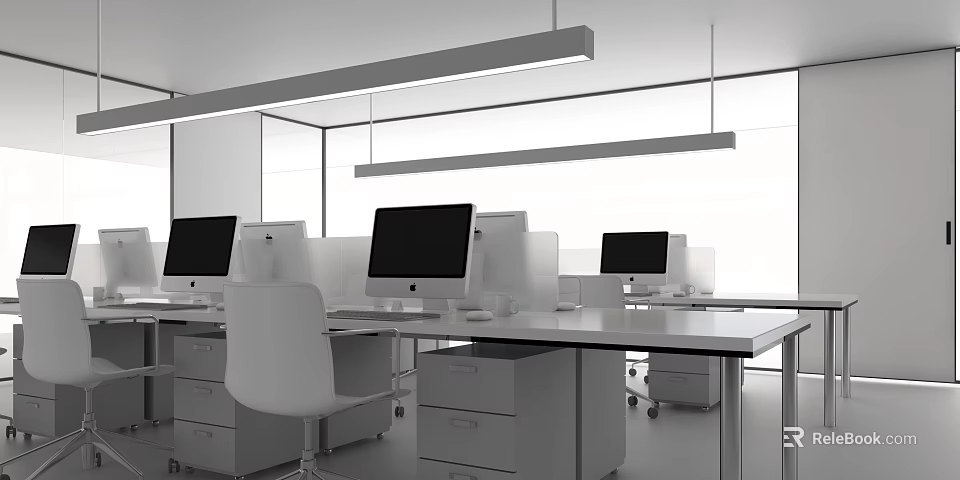 Modern Public Office Space With Open Layout Bright Lighting And Multiple Computers 3d model 