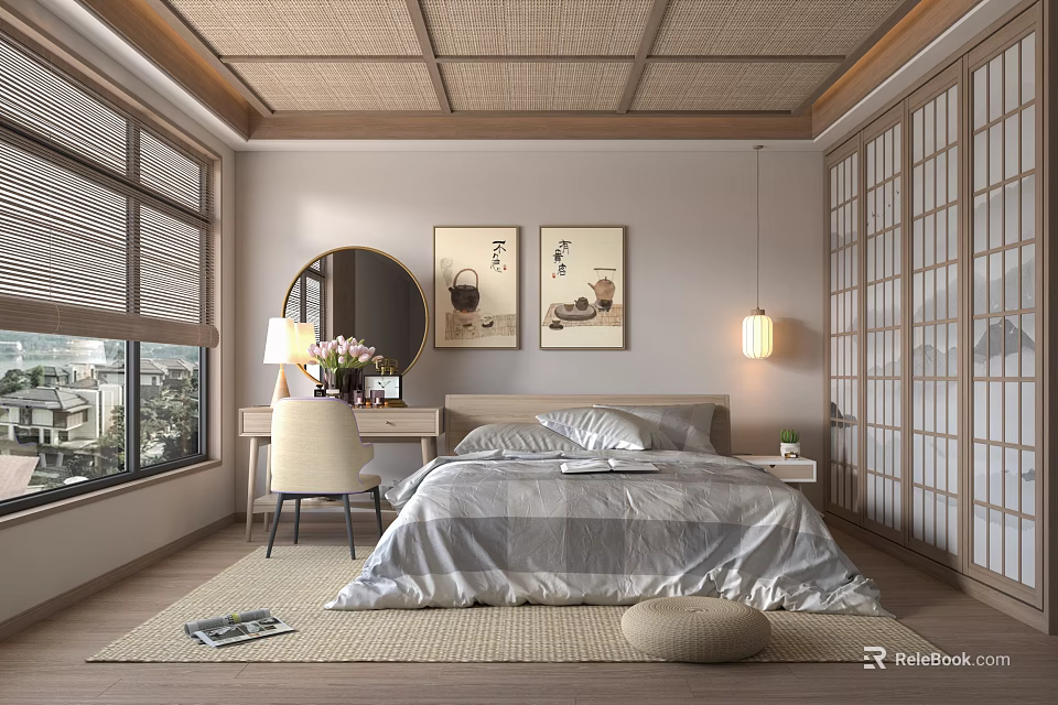 Japanese Style Bedroom Interior With Woven Bamboo Ceiling Shoji Screens Silk Bedding And Dressing Table 3d model 