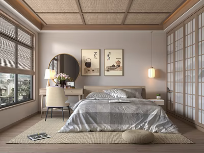 Japanese Style Bedroom Interior With Woven Bamboo Ceiling Shoji Screens Silk Bedding And Dressing Table 3d model