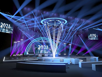 Modern 2021 Stage With Blue Purple Lights LED Screens Showing ACOS Staircase Setup 3d model