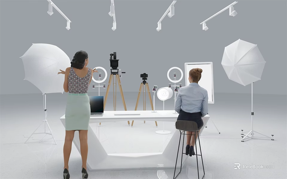 Commercial Photography Equipment in Professional Studio Setup with Cameras Tripods Ring Lights and Reflectors 3d model 