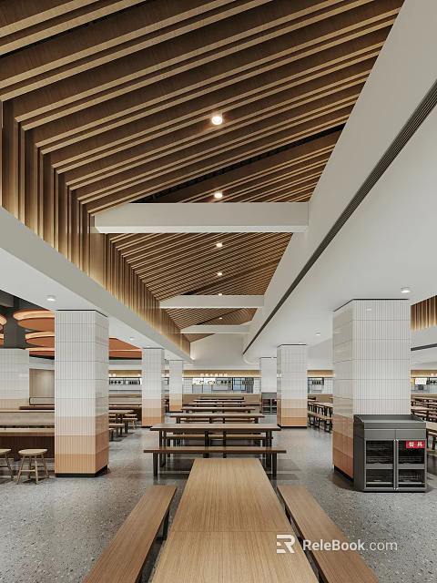 Spacious Dining Hall Interior With Wooden Ceiling And Tables 3d model 
