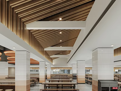 Spacious Dining Hall Interior With Wooden Ceiling And Tables 3d model