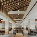 Spacious Dining Hall Interior With Wooden Ceiling And Tables 3d model