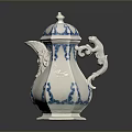 Blue And White Ceramic Teapot With Decorative Patterns Lid And Dragon Shaped Handle 3d model