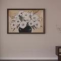 Oil Painting of White Flowers in Black Vase with Brown Frame on Beige Wall