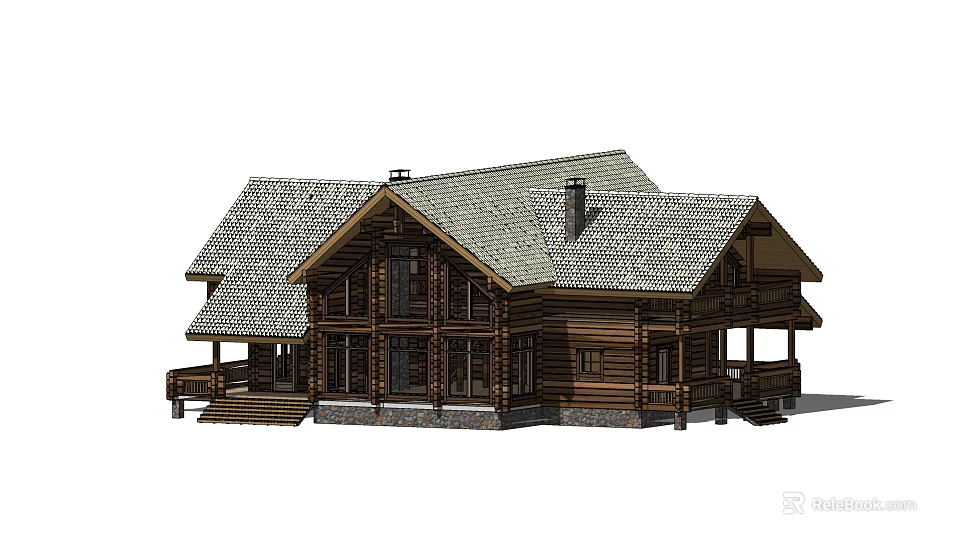 Detached Log House Exterior With Tiled Roof Chimney Wooden Porch And Steps 3d model 