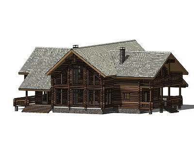 Detached Log House Exterior With Tiled Roof Chimney Wooden Porch And Steps 3d model