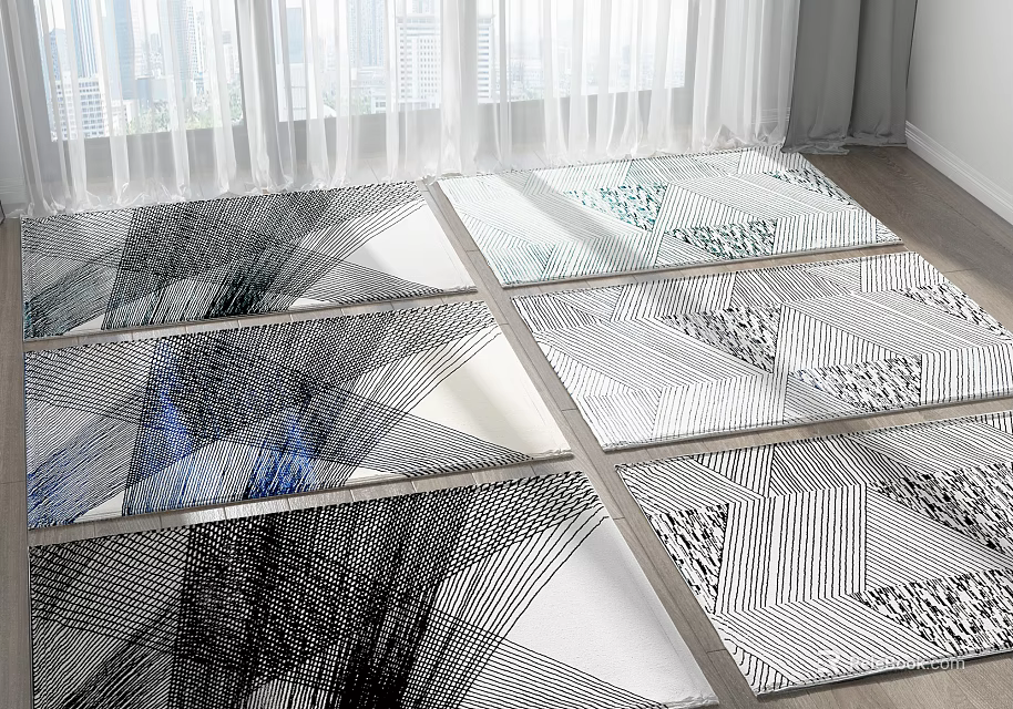 Modern Square Rugs With Geometric Lines Black White And Blue Patterns For Indoor Floor 3d model 