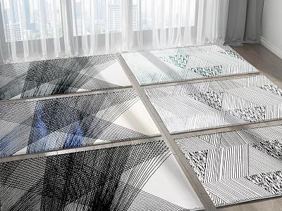 Modern Square Rugs With Geometric Lines Black White And Blue Patterns For Indoor Floor 3d model