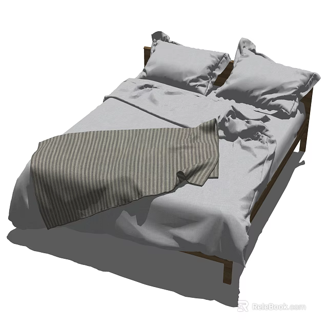 Comfortable Double Bed With Wooden Frame Light Colored Sheets Pillows And Striped Blanket 3d model