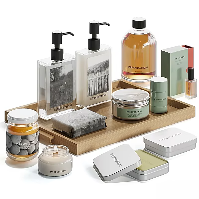 Daily Bath Care Essentials With Wooden Tray Glass Bottles Soap And Candle Jars 3d model