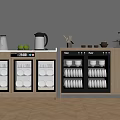 Modern Kitchen Storage Cabinet With Transparent Doors Plates Bowls Coffee Maker Kettle And Green Apples