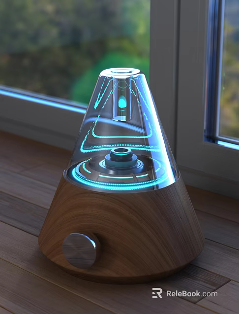Modern Electronic Appliance With Transparent Cone Design Blue Glowing Lines And Wooden Base 3d model 